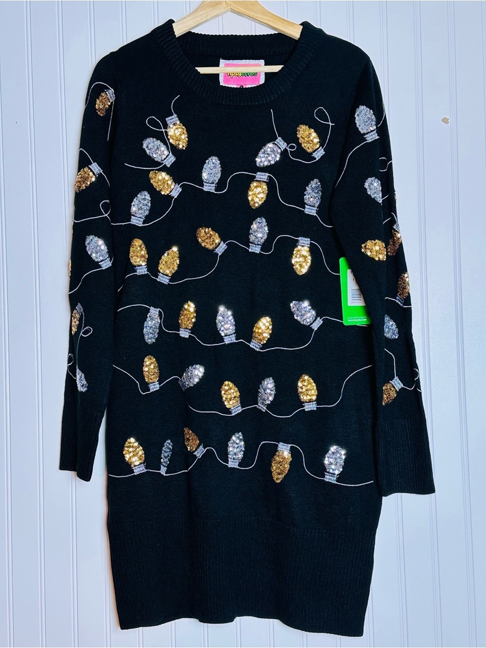 Tipsy Elves black Light Strand Sweater Dress sequin holiday lights L Christmas - Picture 6 of 12